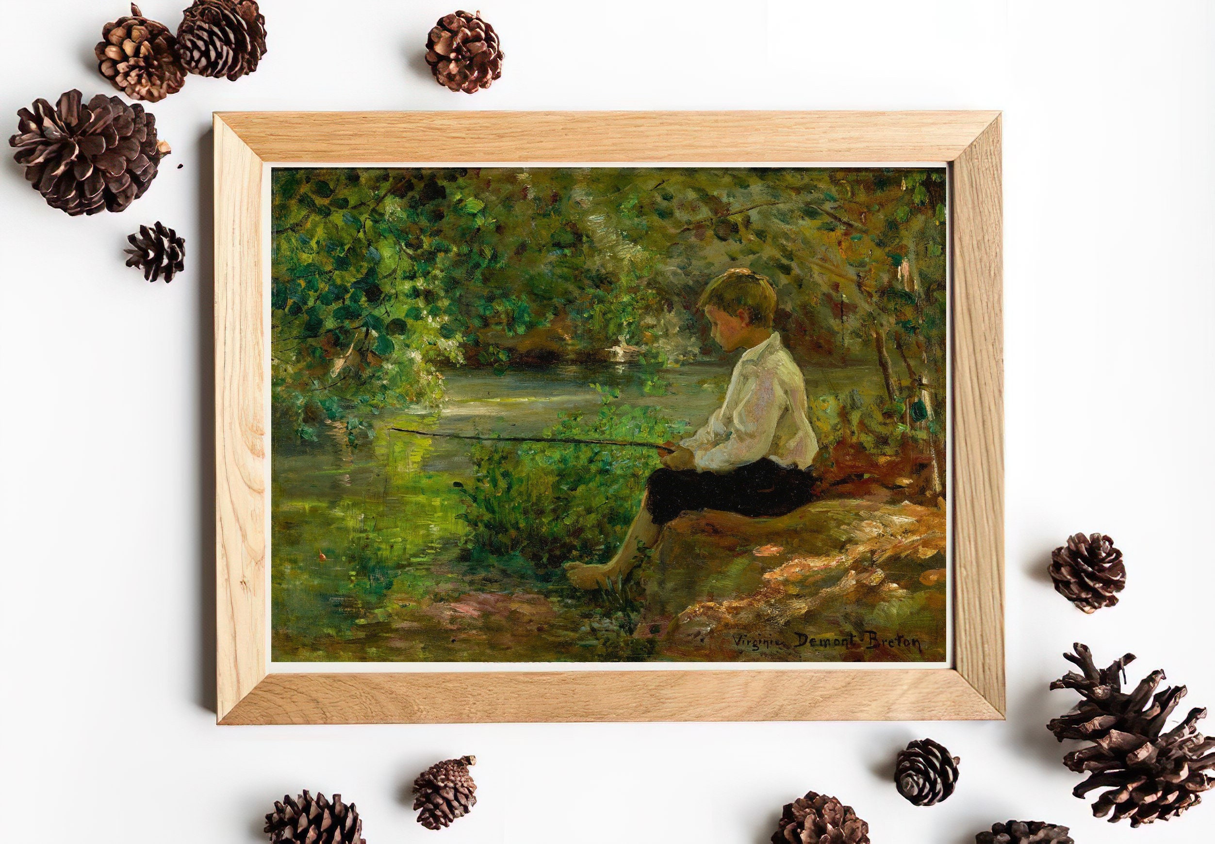 ART PRINT Vintage Child Fisherman Oil Painting Riverbank Art