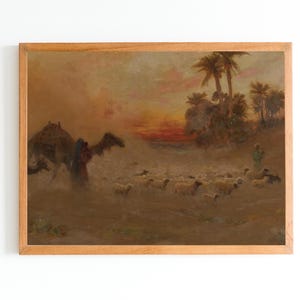 ART PRINT | Vintage Egypt Landscape Oil Painting | Shepherd and Flock of Sheep | Camel Print | Desert Landscape Wall Art | Rustic Painting
