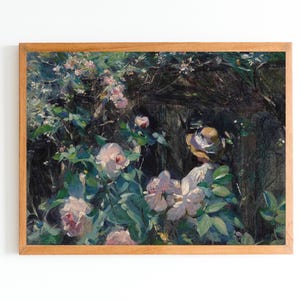 ART PRINT | Vintage Garden Oil Painting | Woman in the Garden | Garden Roses | Country Landscape Wall Art | Cottage Decor | Farmhouse Decor