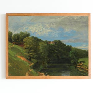 ART PRINT | Vintage Landscape Oil Painting | Forest Artwork | Summer Nature Painting | River Bank Painting | Country Pastoral Wall Art Print