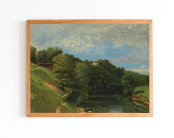 Vintage Landscape Oil Painting Print | Country Riverbank Art