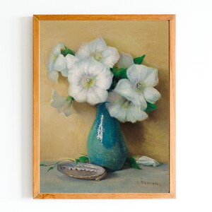 IMPRESIÓN DE ARTE / Pintura al óleo de flores blancas / Bodegones de flores vintage / Arte botánico / Impresiones vintage / Obras de arte de bodegones antiguos / Jarrón azul
