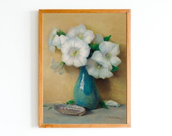 ART PRINT | White Flowers Oil Painting | Vintage Flower Still Life | Botanical Art | Vintage Prints | Antique Still Life Artwork | Blue Vase