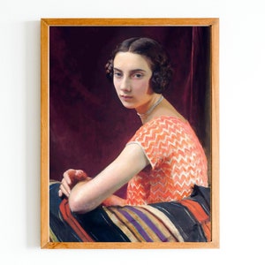 ART PRINT | Classic Woman Portrait Oil Painting | Antique Female Portrait | Girl in the Orange Dress | Young Girl Painting