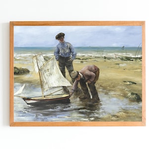 ART PRINT | Children Playing With Boat on the Beach Oil Painting | Vintage Coastal Wall Art | Toy Ship Art Print | Seashore Rustic Artwork