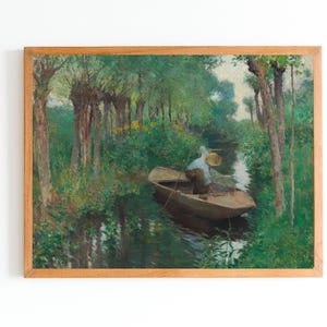 ART PRINT | Vintage Fisherman Painting |  River Landscape Print | Boat Art Print Forest Oil Painting | Nature Painting | Fishing Artwork