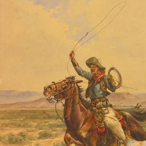 Vintage Cowboy Konsttryck | Vilda Västern Häst Oljemålning bild 6