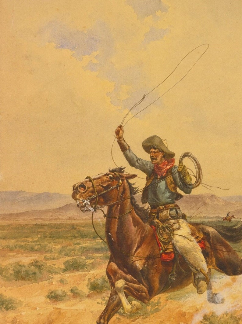 Vintage Cowboy Konsttryck | Vilda Västern Häst Oljemålning bild 6