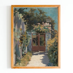 KUNSTDRUCK | Vintage Gartenszene Ölgemälde | Rosenüberdachte Gartenmauer mit Torkunst | Garten Bild | Sommer Kunst | Gartentor