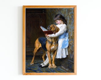 ART PRINT | Girl Room Oil Painting | Young Girl and Dog Portrait | Vintage Prints | Antique Portrait Art | Child Reading Art | Dog Lovers