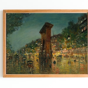 ART PRINT | Paris at Night Oil Painting | Vintage Street View from Paris Art | Antique French Painting | Street Paris