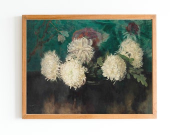 ART PRINT| Vintage Chrysanthemums Oil Painting | Antique Flowers Still Life Painting | Botanical Painting | Moody Floral Artwork