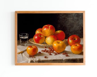 May include: A still life painting of a bowl of red and yellow apples on a white tablecloth. There is a glass of liquid and a knife on the table. The background is dark.