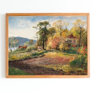STAMPA D'ARTE / Paesaggio autunnale dipinto a olio / Stampa artistica di cottage / Arte del villaggio autunnale / Paesaggio a colori autunnali / Arte pastorale / Scenario forestale