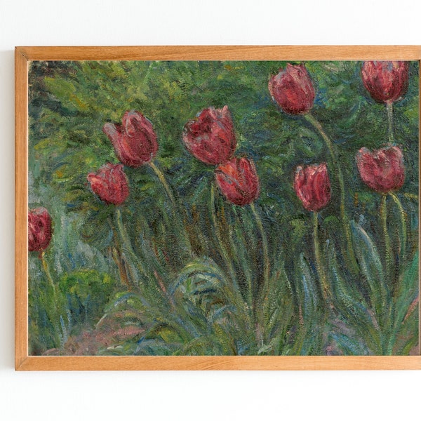 IMPRESSION D'ART | peinture à l’huile de tulipes vintage | Impression d’art de champ de tulipes | Œuvre florale rose | Peinture impressionniste | Impression d’art botanique