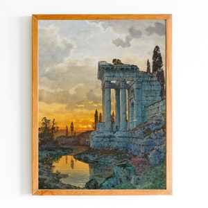 ART PRINT | Ancient Ruins  Painting | Temple Columns Art | Vintage Temple During Sunset Art| Ancient Architecture Art Print