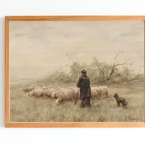 ART PRINT | Shepherd With a Flock of Sheep Wall Art Print | Meadow Art Print | Shepherd Oil Painting | Countryside Painting | Farmhouse Art