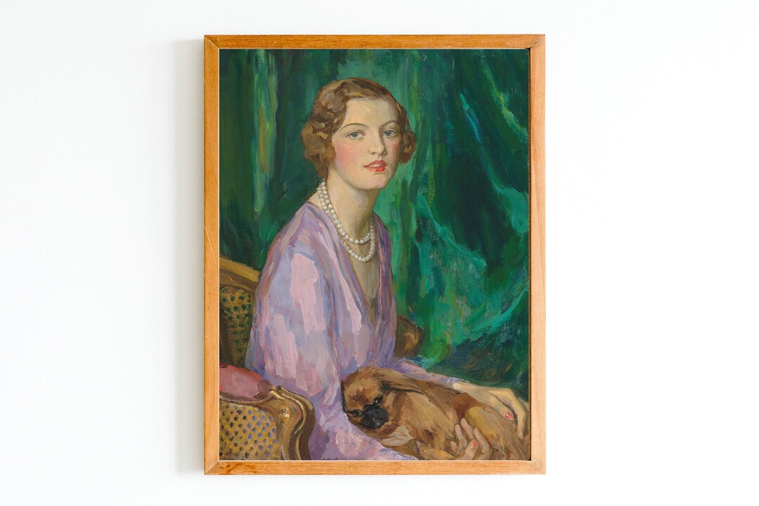 Vintage Woman Portrait Art Print | Lady With Pearls & Dog - Etsy