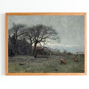 ART PRINT | Vintage Farmhouse Oil Painting | A Farm With Pigs Wall Art Print | Farmyard  Print | Country Landscape Painting | Antique Nature