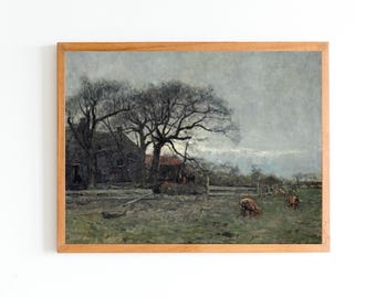 Vintage Farmhouse Oil Painting Print | Pig Farm, Country Landscape