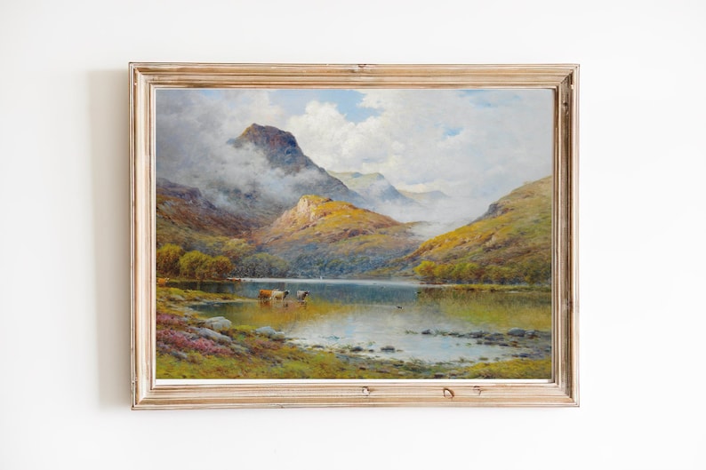 Mountain Lake Painting Mountain Landscape Art FREE SHIPPING Cow Herd Oil Painting Farmhouse Decor