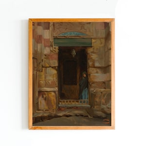 STAMPA D'ARTE / Donna araba su una porta, dipinto d'epoca / Arte orientale tradizionale classica / Opera d'arte islamica / Arte delle antiche mura della città araba