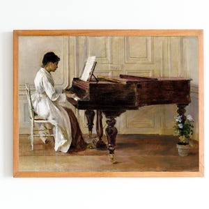 ART PRINT | Woman Playing a Piano Painting | Woman in White Dress Art Print | Classic Woman Portrait | Interior Scene Art| Piano Wall Art