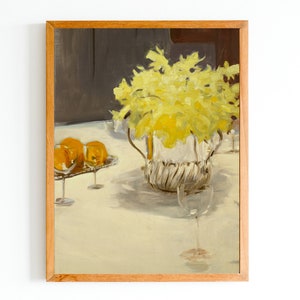 KUNSTAFDRUK | Stilleven met narcissen kunst | Gele narcissen en sinaasappelen kunst | Vintage stillevenkunstwerk | Bloemen wanddecoratie