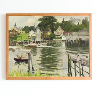 ART PRINT | Vintage Harbor Oil Painting | Port Lake Wall Art | Harbor Yacht Club Painting | Lake House Wall Decor | Impressionist Boat Art