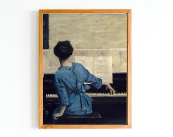 IMPRESSION D'ART | Fille jouant du piano, peinture à l'huile | Femme en bleu Impression d'art | Portrait de femme classique | Oeuvre d'art de scène d'intérieur | Art féminin