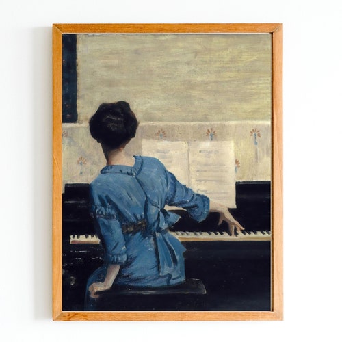 ART PRINT Girl Playing a Piano Oil Painting Woman in Blue - Etsy