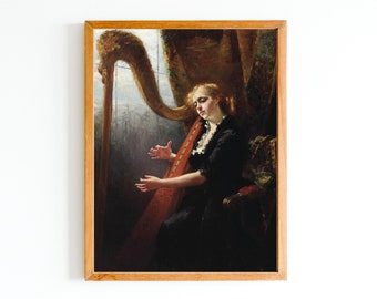 IMPRESSION D'ART | Femme jouant de la peinture à l’huile de harpe | Impression d’instruments de musique | Peinture antique classique | Décor de salle musicale | Portrait sombre