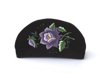Black velvet Toiletry bag Beauty case / Lowicz embroidery / Violet Rose / Polish folk embroidery