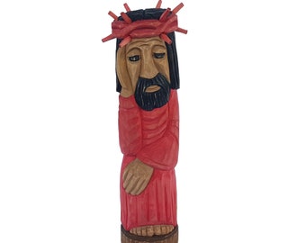 Cristo pensativo con corona de espinas / Escultura popular polaca / Madera / Hecho a mano