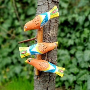 Three Orange Birds / Hand-carved and painted wooden birds / Polish folk art / Hand-carving / Folk Birds