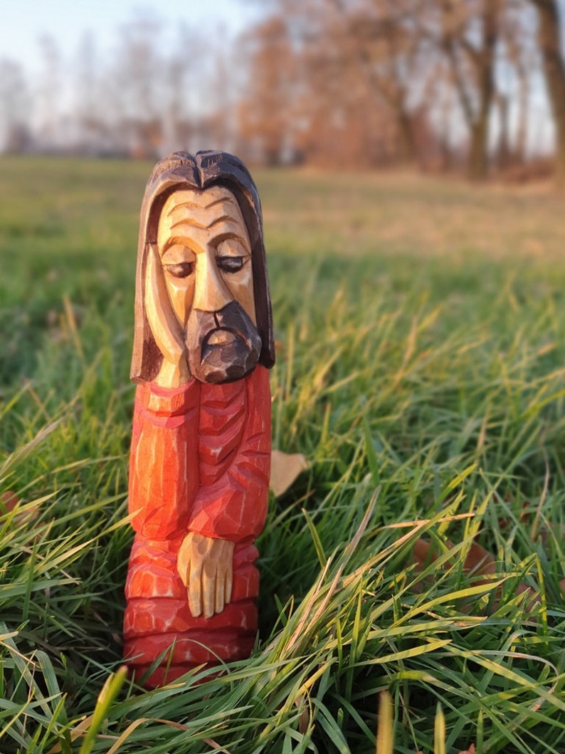 Pensive Christ Polish folk sculpture Folk Art wood painted signed