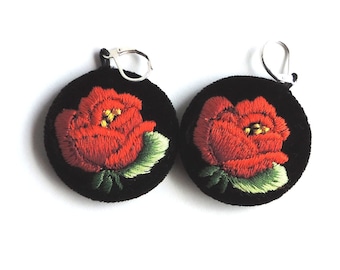 Folk Earrings / Lowicz Red Rose / Polish Folk Embroidery