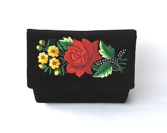 Black velvet clutch / Lowicz Embroidery / Red rose with yellow bouquet /  Polish Folk Embroidery