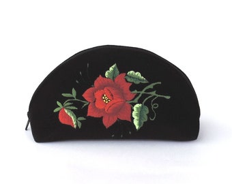 Black Velvet Toiletry bag Beauty case / Lowicz embroidery / Red Rose / Polish folk embroidery