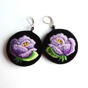 Folk Earrings / Lowicz Violet Rose / Polish Folk Embroidery