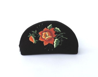 Black Velvet Toiletry bag Beauty case / Lowicz embroidery / Orange Rose / Polish folk embroidery