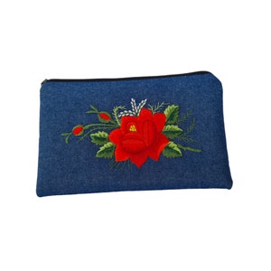 Toiletry bag Makeup Bag Beauty case / Denim Blue Velvet / Lowicz embroidery / Red Rose / Polish Folk Art / Ethnodesign Handmade