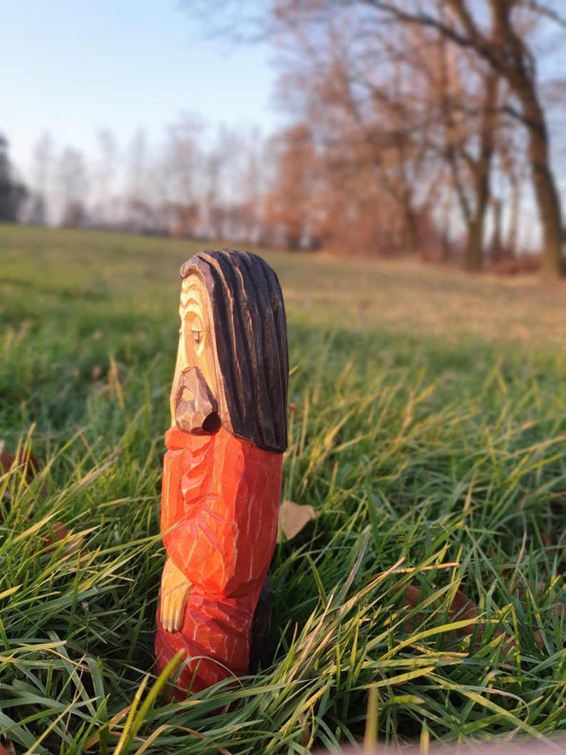 Pensive Christ Polish folk sculpture Folk Art wood painted signed