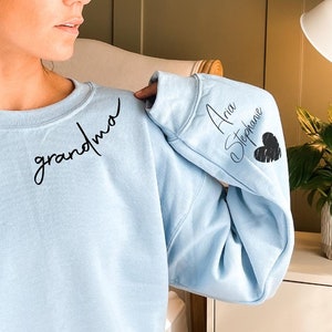 Custom Grandma Sweatshirt With Kid Name On Sleeve, Personalized Nana Sweatshirt, Minimalist Grandmother Hoodie, Gift For Her, Christmas Gift