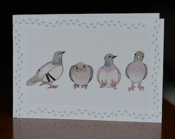 Cute Cartoon Pigeon Dove Flock Handmade Greetings Blank Card Matching Envelope Wildlife Bird Woodpigeon Rock Dove Nature Print Premium UK