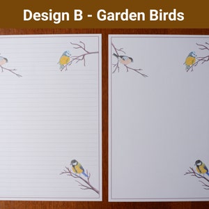 May include: Two sheets of stationery with a watercolour design. Each sheet features a bird perched on a branch, with the text "Design B - Garden Birds" at the top. One sheet is lined, the other is blank.