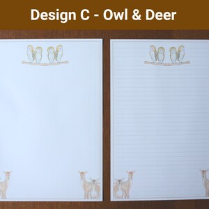 May include: White stationery with a watercolour design featuring owls perched on a branch at the top and deer at the bottom. The text "Design C - Owl & Deer" is at the top. One sheet is lined, the other is blank.