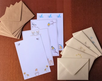 A5 Writing Paper and Envelope Option Lined/Unlined Letter Writing Set UK Gift Nature Penpal Stationary Pack Notepaper Watercolour Design Mix