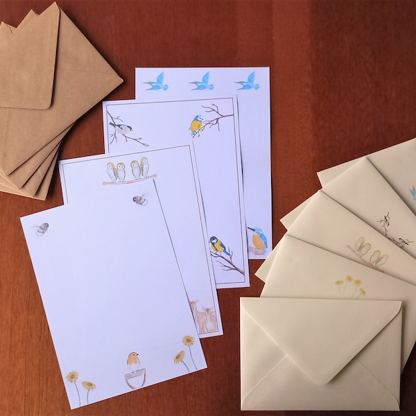 A5 Writing Paper and Envelope Option Lined/Unlined Letter Writing Set UK Gift Nature Penpal Stationary Pack Notepaper Watercolour Design Mix