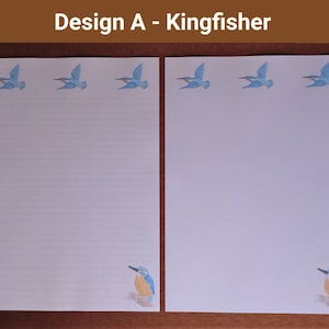 May include: Two sheets of stationery with a kingfisher design. The top of each sheet features three blue birds in flight. The bottom corners of each sheet have a kingfisher perched on a branch. The text "Design A - Kingfisher" is at the top.